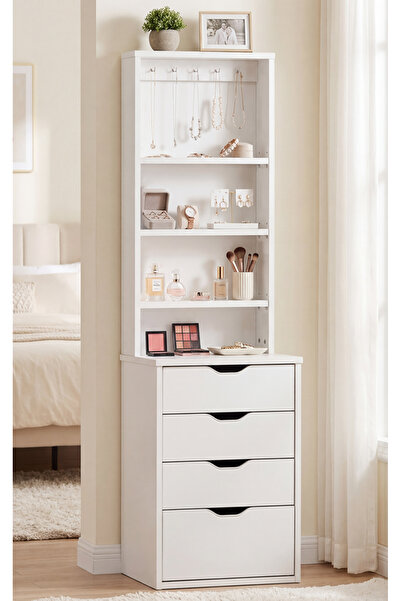 benim odam Diva 4 Çekmeceli 3 Raflı Takılıklı Aksesuar Dolabı Düz Beyaz