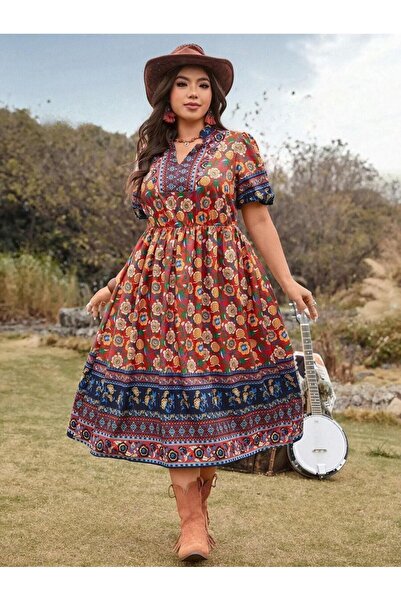 Iuliashop Ramya Πολύχρωμο Μίντι Φόρεμα - Μεγάλα Μεγέθη - 44