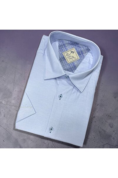 GÖMLEK GALERİSİ Classic Wide Cut Blue Men's Plain Short Sleeve Cotton Shirt