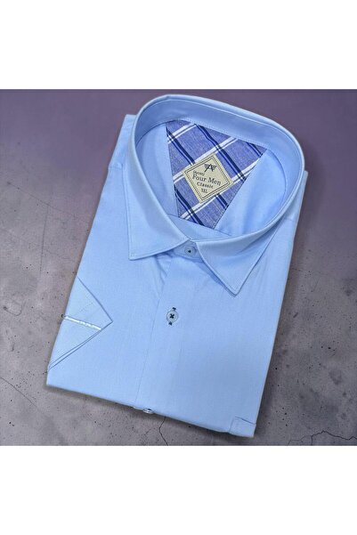 GÖMLEK GALERİSİ Classic Wide Cut Blue Men's Plain Short Sleeve Cotton Shirt