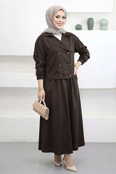 Suede Style 6417 - Άνετο γυναικείο σετ με καμπαρντίνα και τζιν φούστα με κουμ...