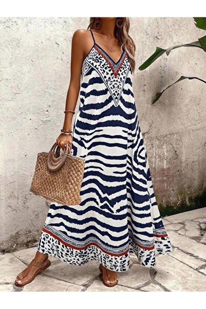 Iuliashop Brenda Long White Dress with Navy Blue Print - S