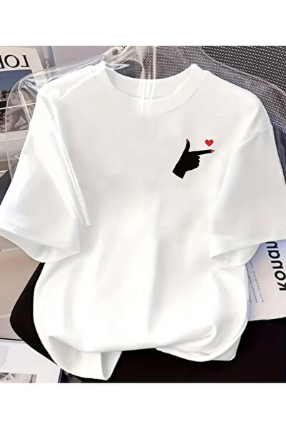 NOURAM Love Pointing, Heart Gesture Print Tshirt Short Sleeve Crew Neck Casua...