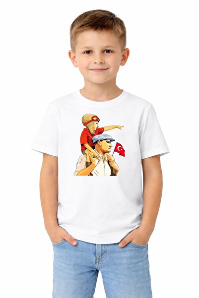 BYMEER Παιδικό μπλουζάκι με στάμπα σημαίας και Ατατούρκ σε λευκό χρώμα