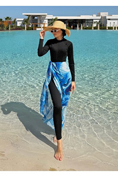 Adalenna Moda Uzun Pareolu Üçlü Tesettür Mayo Takım