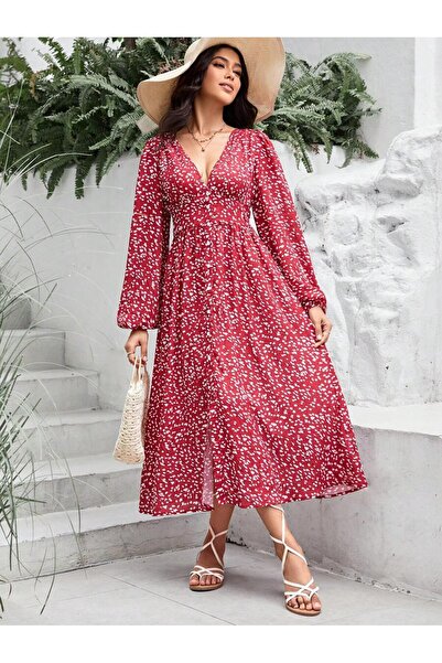Iuliashop Rochie lungă Jonida roșie cu imprimeu alb - M