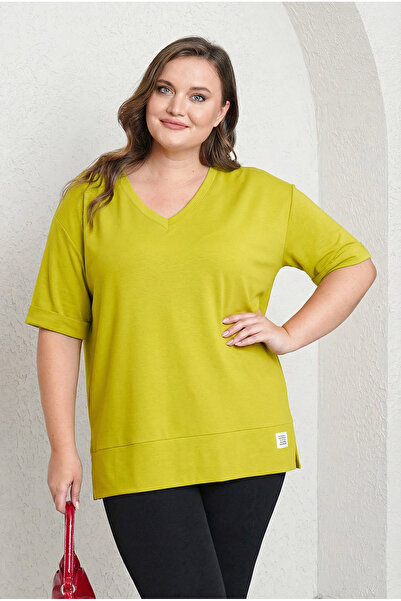 Büyük Moda Plus Size V-Neck Basic Modal T-Shirt