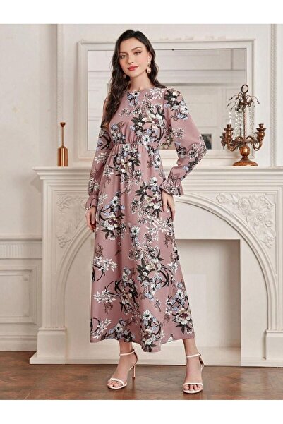 Iuliashop Rochie lungă Keita roz pudră cu imprimeu floral - S