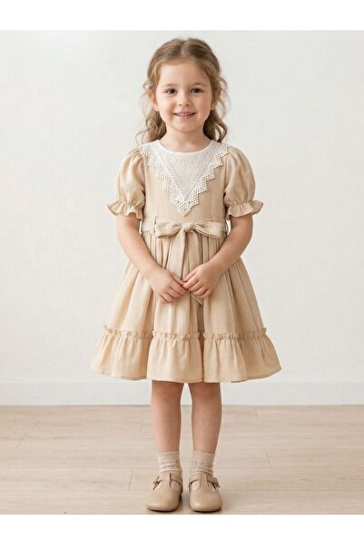 Cherrys Bebek Βαμβακερό τσαλακωτό φόρεμα για κορίτσια με τριγωνικό γιακά