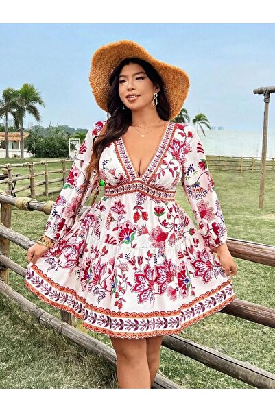 Iuliashop Safine White Short Dress with Red Print - Plus Sizes - 46