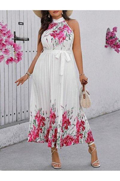 Iuliashop Selina Long White Dress with Pink Floral Print - Plus Sizes - 44