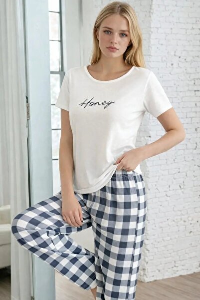 Cool & Sexy Honey Printed Plaid Long Bottom Women's Pajama Set – Navy Blue Co...
