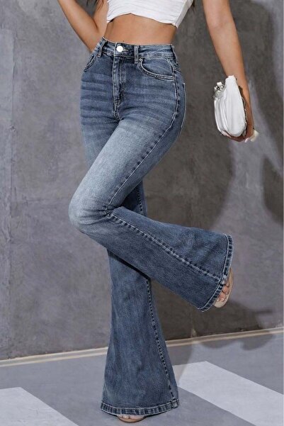 MODA Kadın Yüksek Bel İspanyol Paça Jean Kot Pantolon - Likralı Toparlayıcı B...