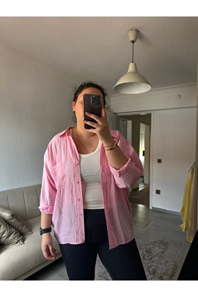 bestie co Kadın Açık Pembe Oversize Düşük Omuz Gömlek