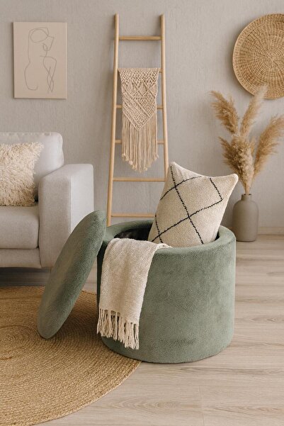 WEBPANYA Handmade X Large Yeşil Tedy Kumaş Sandıklı Silindir Dekoratif Pufidi...