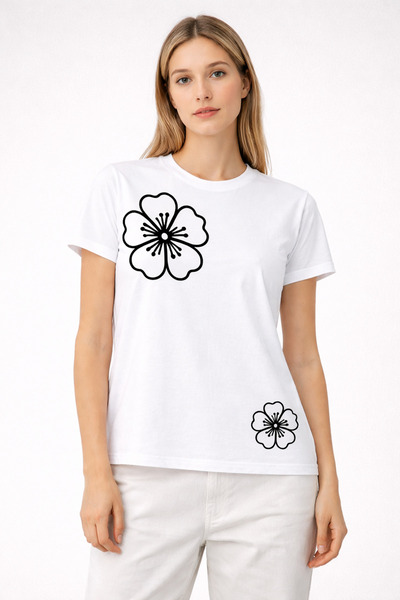 VODEXA Γυναικείο μπλουζάκι Oversize TWO FLOWERS με στάμπα, 100% βαμβακερό, άν...