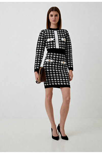 Nobrand Γυναικείο μαύρο και λευκό πλεκτό φόρεμα με γεωμετρικό σχέδιο και διακ...