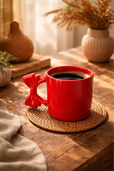 Anadolu Saray Fiyonk Saplı Tasarım Kırmızı Seramik Kupa El Yapımı Estetik Kah...