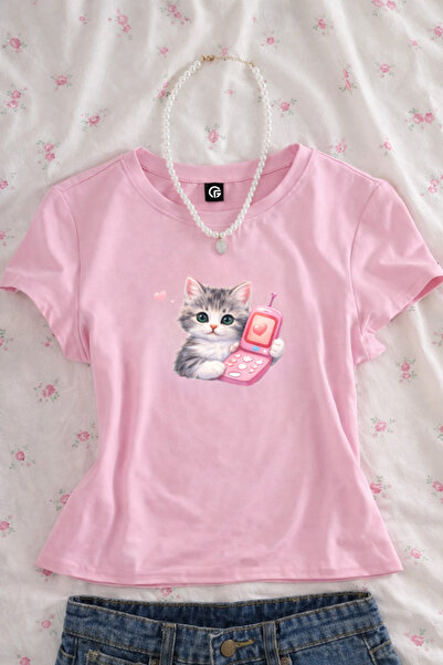 Gofeel Kitty Phone Girl Printed Belt Length Pink Crop