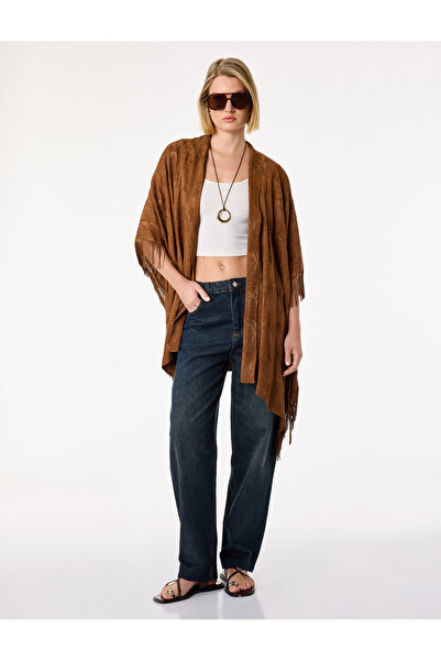 Koton Bağlama Detaylı Floral Dokulu Püsküllü Uzun Kimono Panço