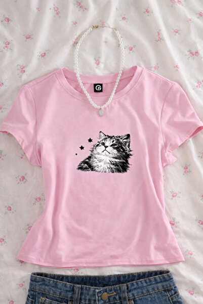 Gofeel Grumpy Cat Printed Belt Length Pink Crop
