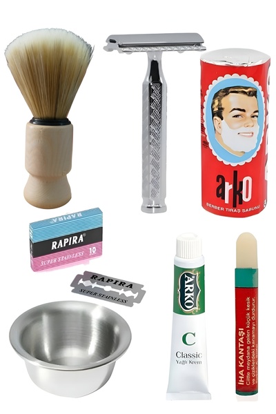 efmues Σετ ξυρίσματος για γένια, κλασικό ξυραφάκι, βούρτσα για γένια, σαπούνι...