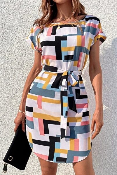 Iuliashop Rochie scurtă albă din acetat cu șnur și imprimeu geometric - M