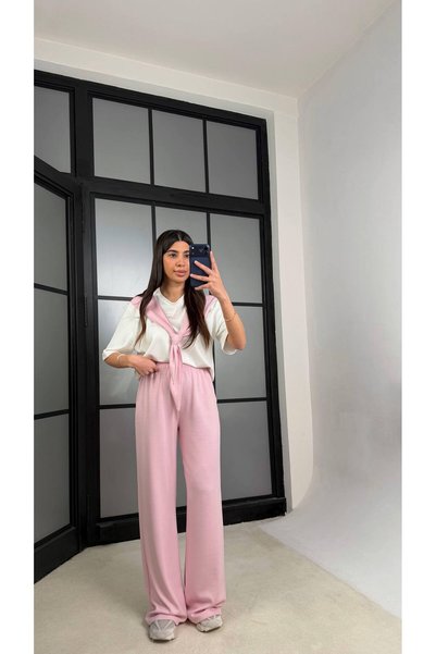 ÇEÇİM Kadın Şal Detaylı Bluz & Bol Paça Pantolon İkili Takım ZYN-58917