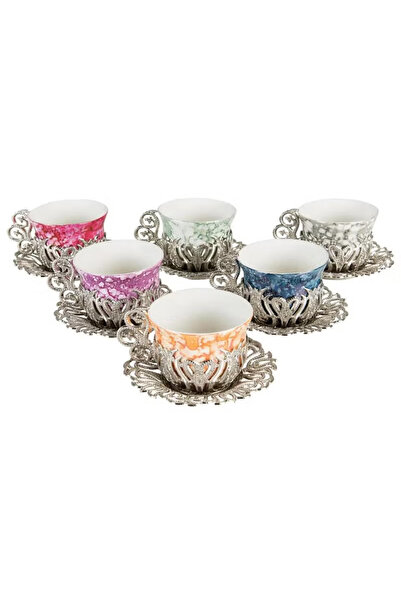 ACAR 6-Piece Turkish Coffee Set, Patterned Glass Cups with Silver Saucers, Ma...