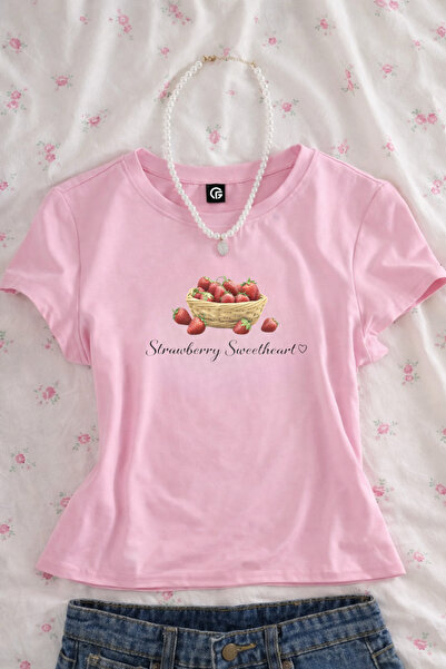 Gofeel Strawberry Sweetheart Printed Belted Pink Crop Top