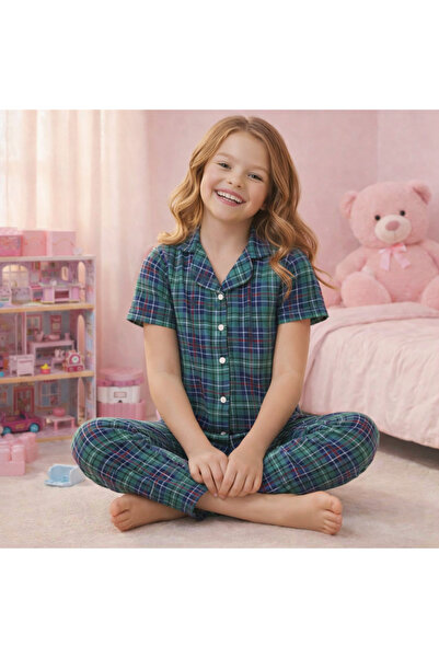 zahider Κοριτσίστικο βαμβακερό καρό σετ πιτζάμες με κουμπιά, καλοκαιρινό, κον...