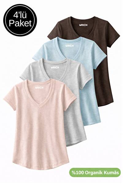 Rich تي شيرت نسائي مكون من 4 قطع باللون الرمادي الفاتح والبني الفاتح مصنوع من...