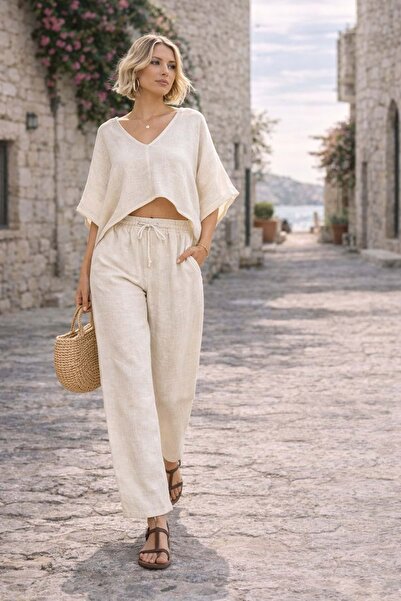 ibeeka Λινό σετ δύο τεμαχίων με μπλούζα με λαιμόκοψη V και μανίκια νυχτερίδα ...