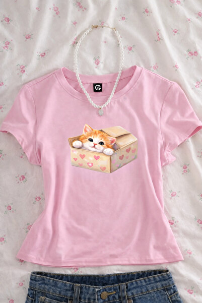 Gofeel Cat in Box Printed Belt Length Pink Crop Top