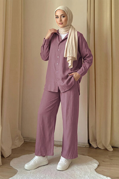 Suede Style 8995 - Κομψό άνετο γυναικείο υφασμάτινο σετ παντελόνι και πουκάμισο