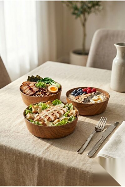 CASTEROLİ Acacia Look 3-Piece Bowl Set 18 cm – Decorative Presentation & Snac...