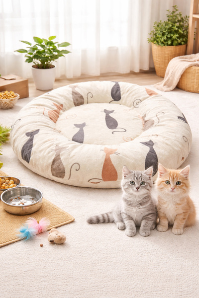 DEKOMOD Dijital Baskılı Yumuşak Simit Yuvarlak Kedi Köpek Yatağı Minderi Dolgulu