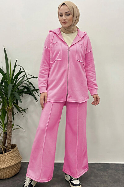 Suede Style 9293 - Şık Rahat 3 İplik Şardonlu Kumaş Kapşonlu Kadın Takım