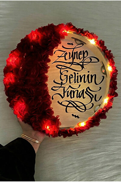 ZEYMERADE Bordo Ledli Şeffaf Gelin Tefi 32cm, 3d Çiçek Süslemeli, Düğün Kına ...