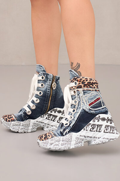 StarBlueMooN Leopard Detail Denim Boots Summer