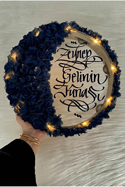 ZEYMERADE Lacivert Ledli Şeffaf Gelin Tefi 32cm, 3d Çiçek Süslemeli, Düğün Sü...