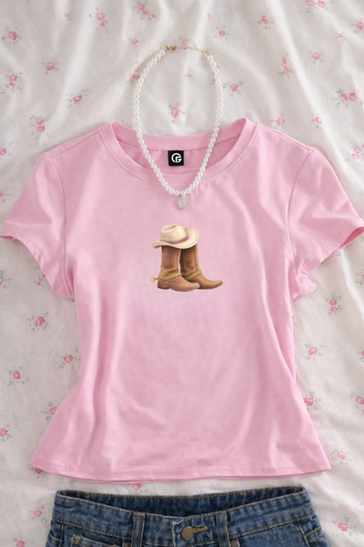 Gofeel Cowgirl Boots Printed Belt Length Pink Crop