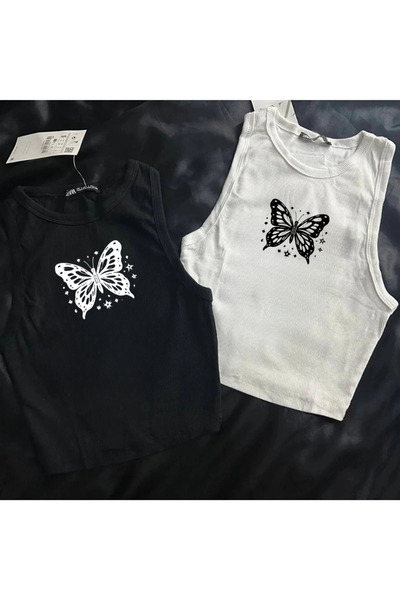 Gofeel Butterfly Line Printed Sleeveless Crop