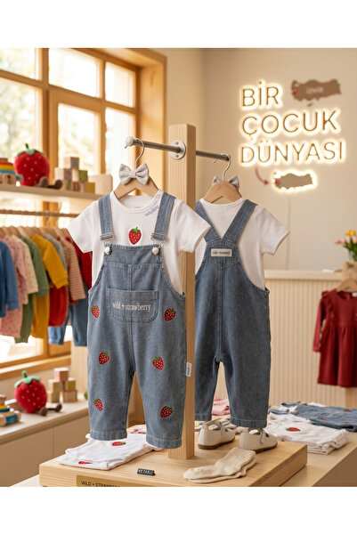 Baby Buu Kısa Kollu Çilek Nakışlı Salopet Kız Bebek Çocuk 2'li Takım