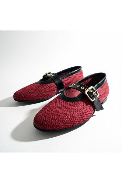 NE&VE SHOES Bordo File Dokuma Tek Bantlı Yuvarlak Burun Kadın Şık ve Rahat Babet