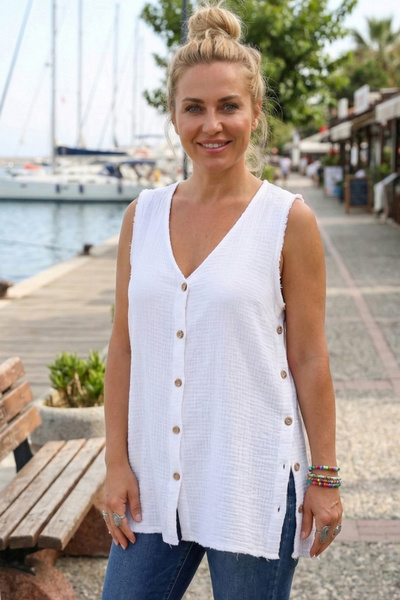 Chiccy White V-Neck Sleeveless Buttoned Casual Muslin Oversize Woven Blouse w...