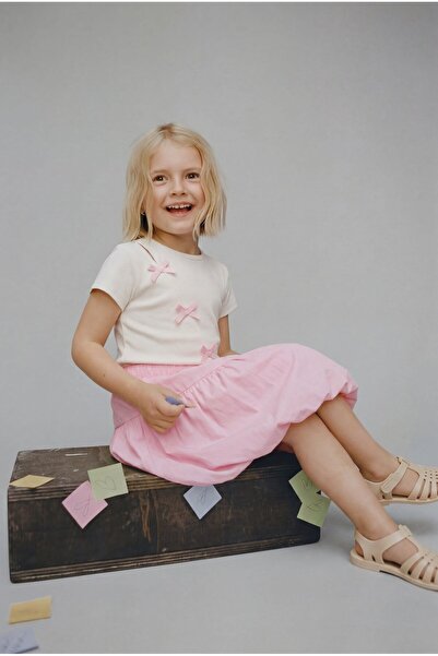 Magu Girl's Cotton Ecru Pink Bow Detailed T-Shirt Skirt Set - Stylish Two-Pie...