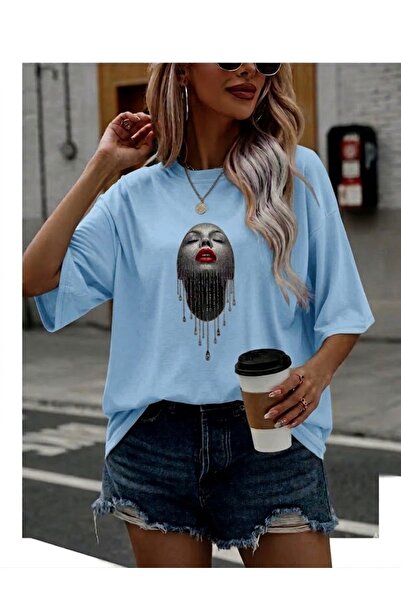 JENOLAN Tricou supradimensionat cu imprimeu facial pentru femei