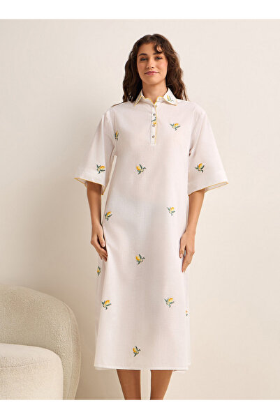 FAV Midi Night Dress Short Sleeves Embroidered Viscose