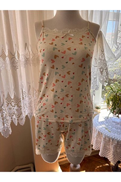 İNSPİRA Women's Heart Patterned Modal Pajama Set with Straps and Shorts Viscose Cotton Summer Home Wear